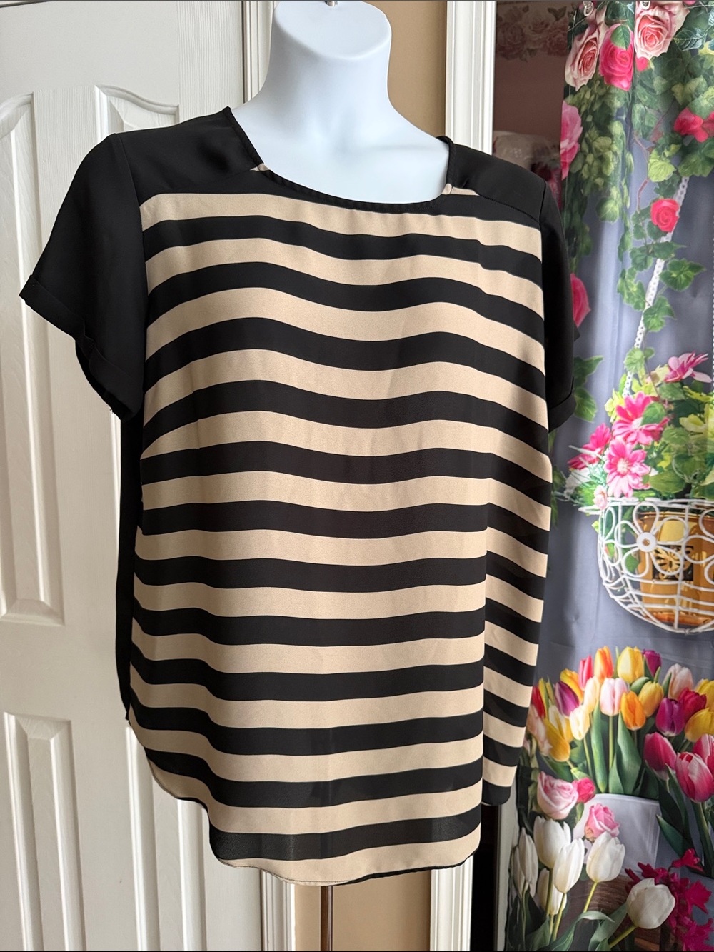 Cato Black and Cream Stripe Short Sleeve Blouse